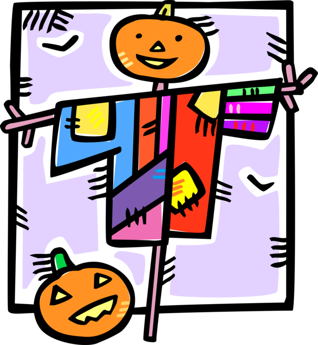 Vector Illustration of Scarecrow to Frighten Crows or Birds Away from Crops and Halloween Jack-o'-lantern Carved Pumpkin