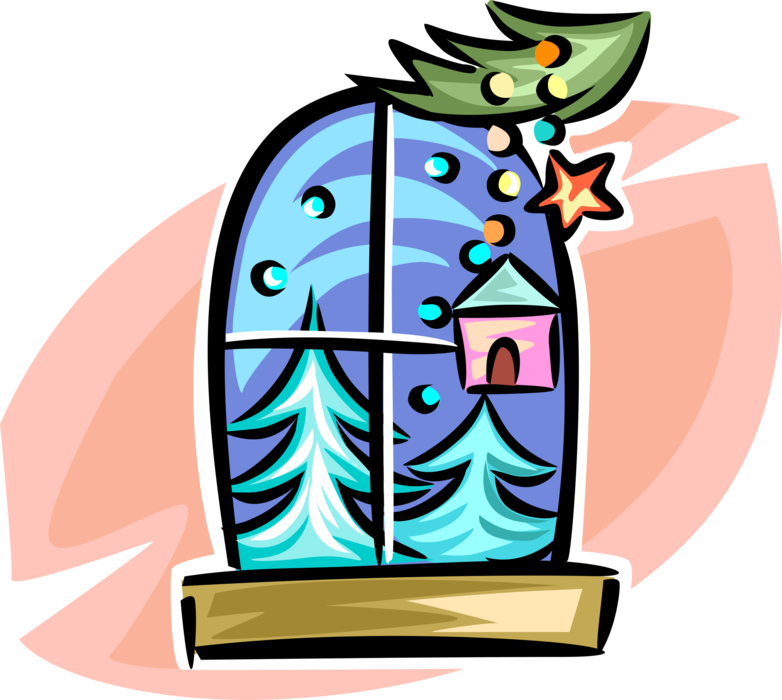 Vector Illustration of Christmas Holiday Winter Scene from Window with Evergreen Trees and Decoration Ornaments