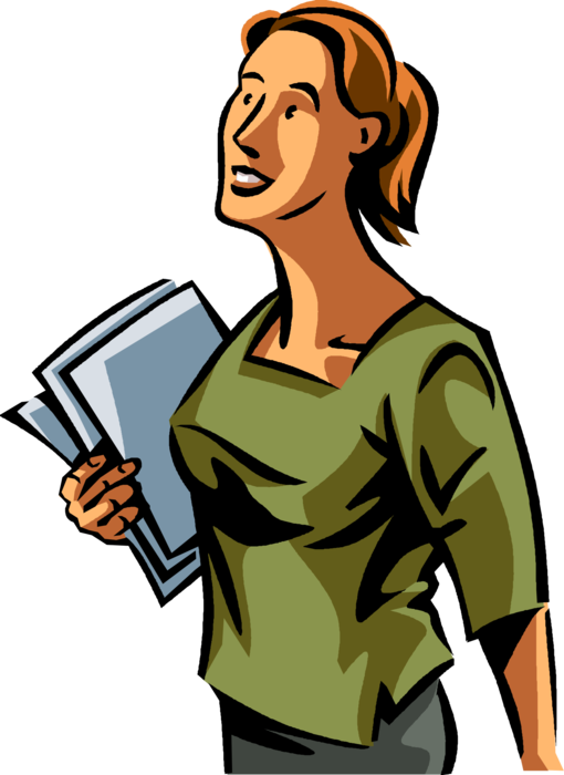 Vector Illustration of Eager, Zealous, Enthusiastic, Keener Businesswoman Carries Business Project File Folders