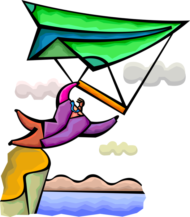 Vector Illustration of Innovative Businessman uses Ingenuity to Soar to New Heights with Money Cash Dollar Hang Glider