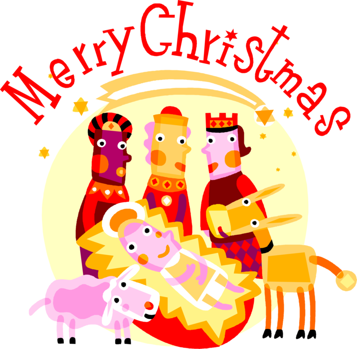 Vector Illustration of Wise Man Magi Visits Jesus Nativity, Bearing Gifts of Gold, Frankincense and Myrrh