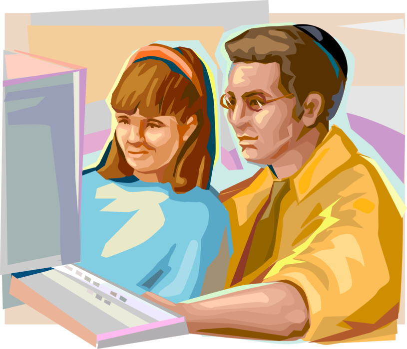 Vector Illustration of Jewish School Student with Teacher in Classroom with Computer