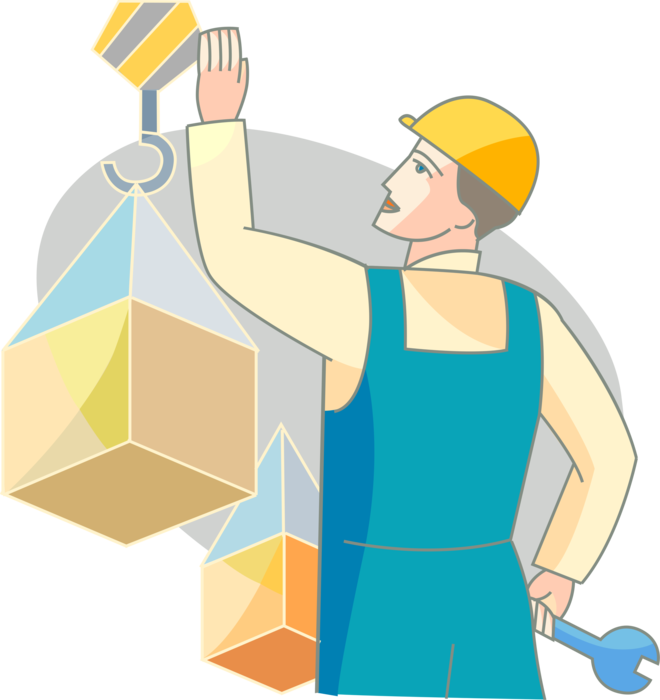 Vector Illustration of Tradesman Worker Directs Crane Operator Lifting Building Materials at Construction Site