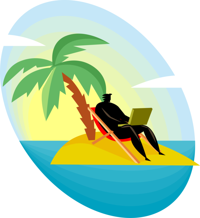 Vector Illustration of Businessman with Computer on Deserted Island with Palm Tree