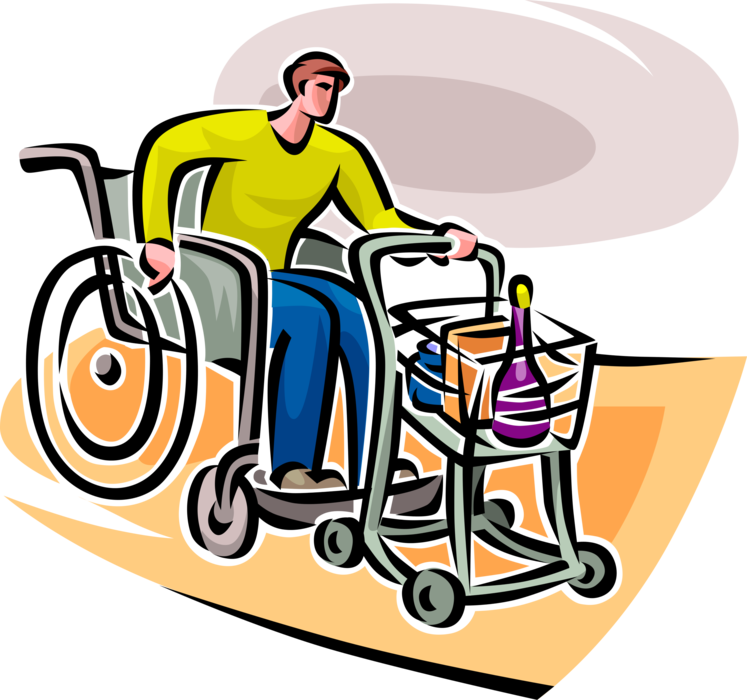 Vector Illustration of Handicapped or Disabled Adolescent Youth in Wheelchair Pushes Grocery Cart in Supermarket