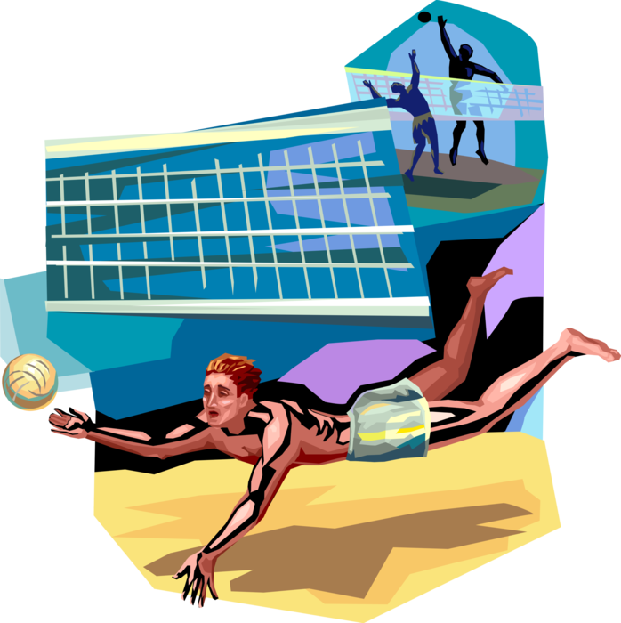 Vector Illustration of Sport of Beach Volleyball Player Digging for Ball with Net During Game