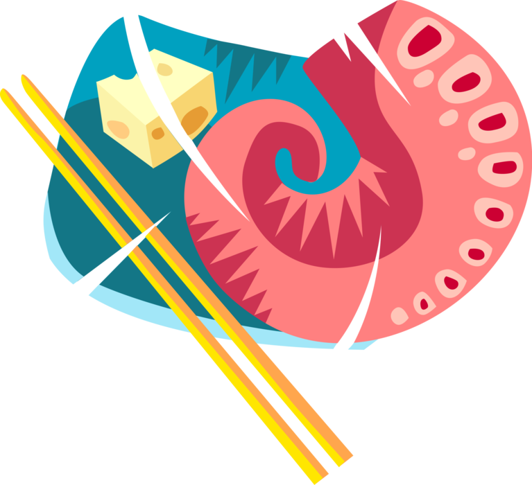 Vector Illustration of Japanese Food Octopus with Tofu and Chopsticks