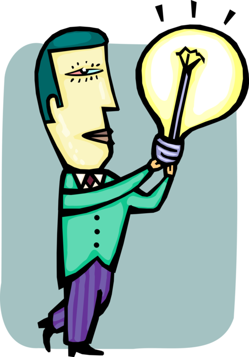 Vector Illustration of Businessman Holds Electric Light Bulb Symbol of Invention, Innovation, and Good Ideas