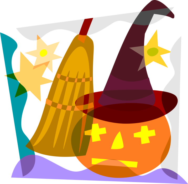 Vector Illustration of Halloween Jack-o'-Lantern with Witch's Hat and Straw Broom