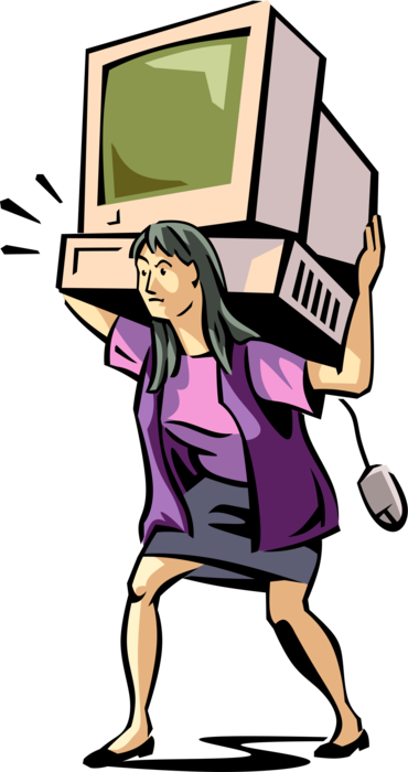 Vector Illustration of Businesswoman Carries Heavy Personal Computer on Shoulders