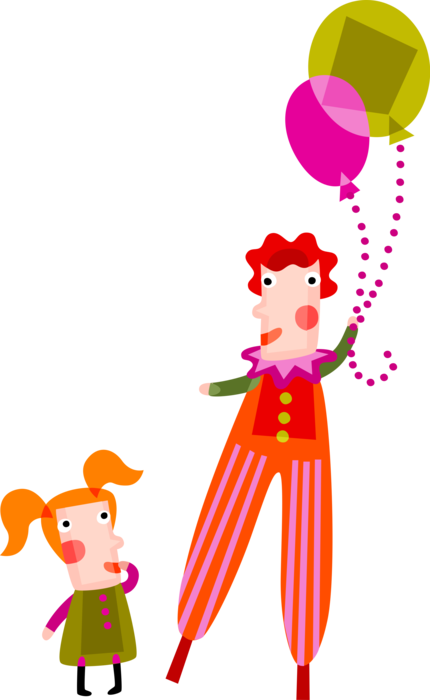 Vector Illustration of Big Top Circus Clown on Stilts with Balloons Entertains Young Child
