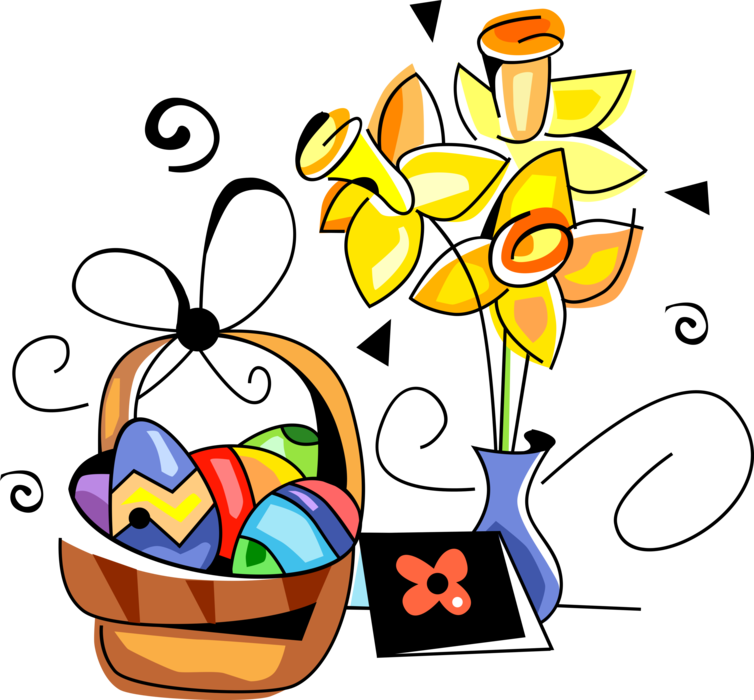 Vector Illustration of Easter Basket with Colored Decorated Pascha Eggs and Daffodil Spring Flowers