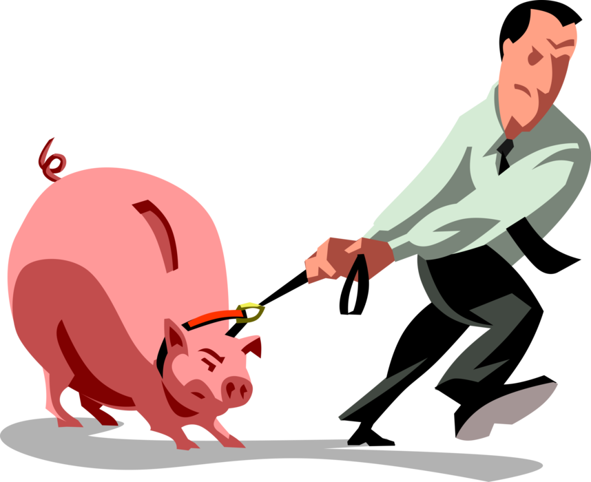 Vector Illustration of Businessman Drags Uncooperative Disagreeable Piggy Bank on Leash