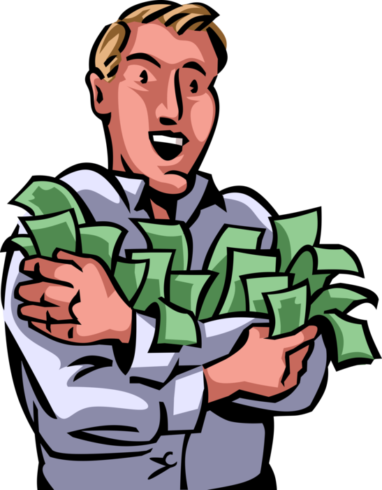 Vector Illustration of Businessman Achieves Financial Security with Windfall Cash Money Dollars