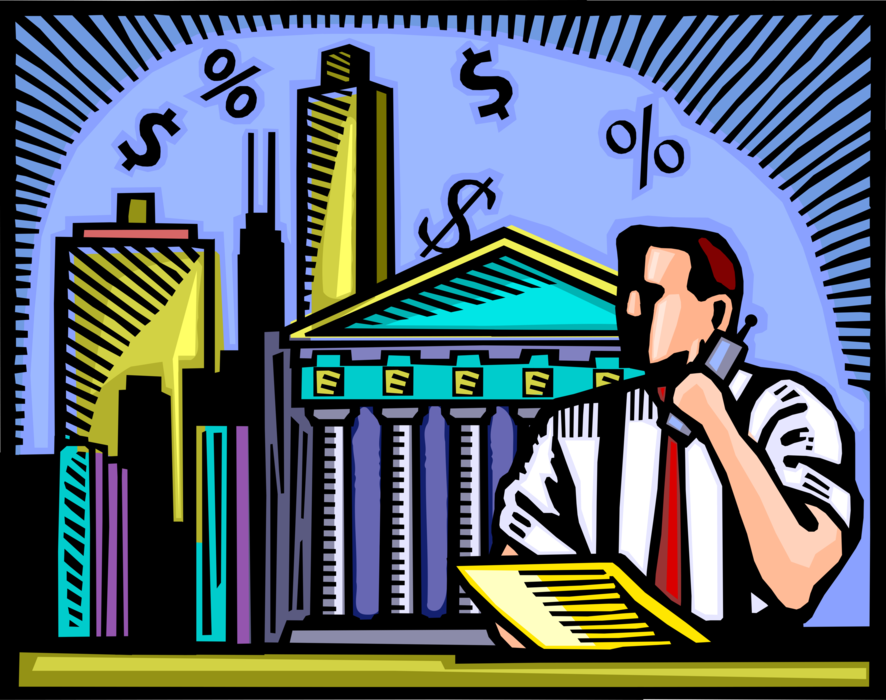 Vector Illustration of Businessman Financial Analyst Invests Finance Cash Money in Wall Street Stock Market