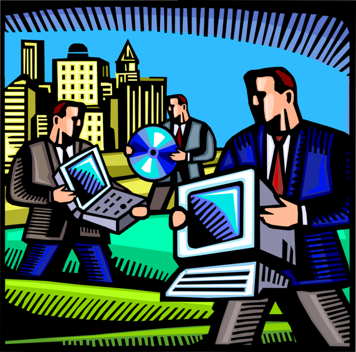 Vector Illustration of Businessmen Exploit Information Technology Tools Computers and Laser Disc Digital Storage Media