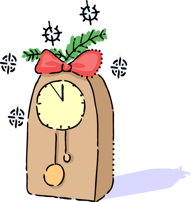 Vector Illustration of Mantle Clock Indicates, Keeps and Co-ordinates Time Strikes Midnight with Christmas Ribbon Bow