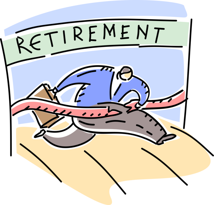 Vector Illustration of Hard Working Businessman Crosses Career Finish Line to Enter into Retirement