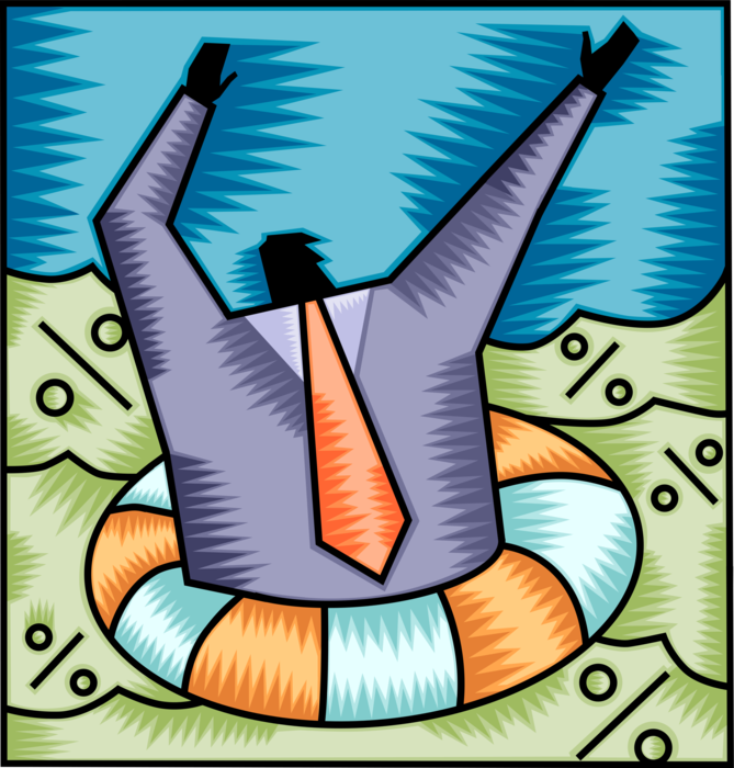 Vector Illustration of Drowning Businessman in Financial Peril Stays Afloat with Life Ring Flotation or Floatation Device