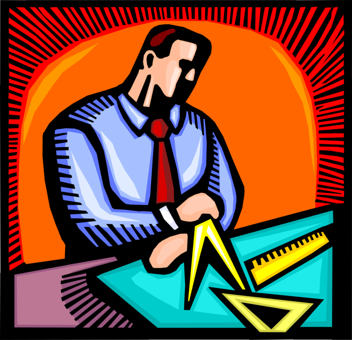 Vector Illustration of Architect Designer with Geometry Measurement Compass and Triangle Ruler Works at Drafting Table