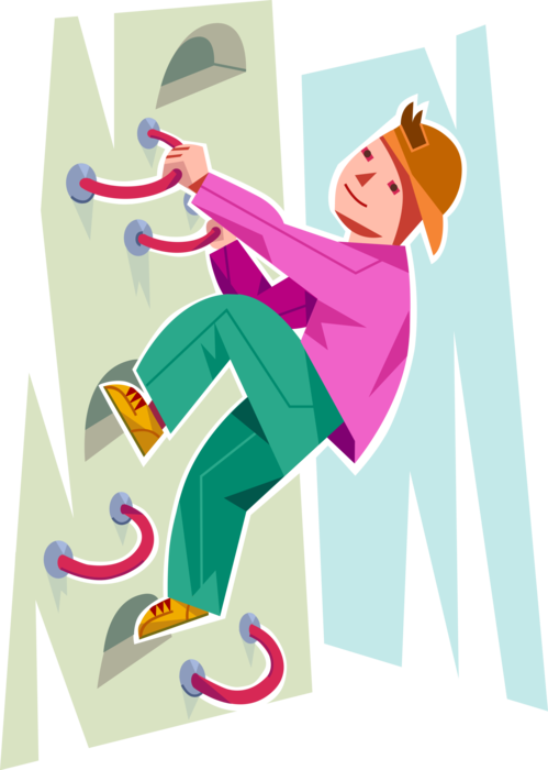 Vector Illustration of Young Boy Rock Climbing on Indoor Climbing Wall
