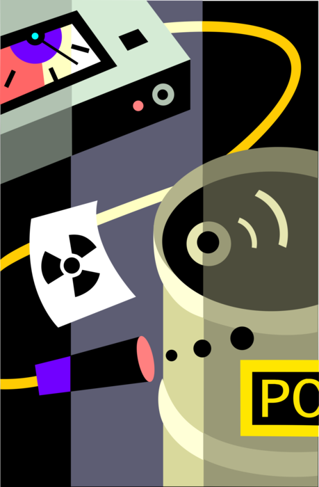 Vector Illustration of Radioactive Nuclear Waste Disposal Drum with Geiger Counter to Detect Beta Particles and Gamma Rays