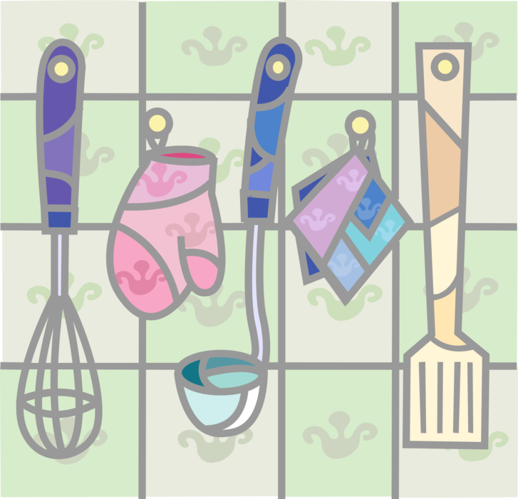 Vector Illustration of Kitchen Kitchenware Cooking Tools Wisk, Ladle Spoon and Spatula with Floral Ceramic Tiles