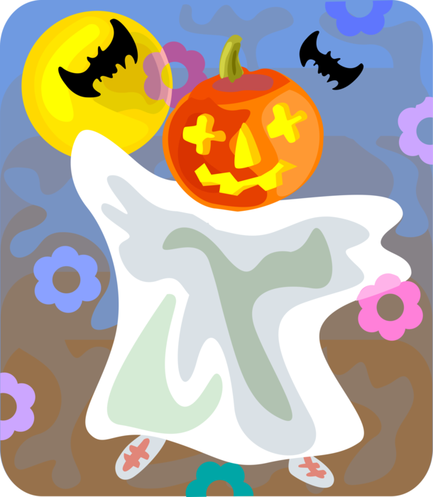 Vector Illustration of Halloween Trick or Treat Ghost Phantom, Apparition, Spirit, Spook with Jack-o'-Lantern Pumpkin, Vampire Bats