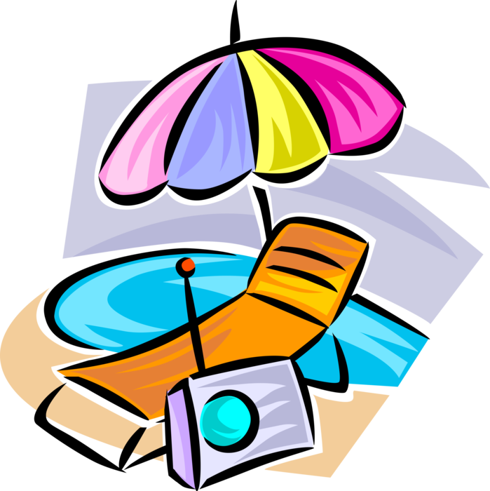 Vector Illustration of Beach Gear Umbrella with Lounge Chair at Seashore with Radio
