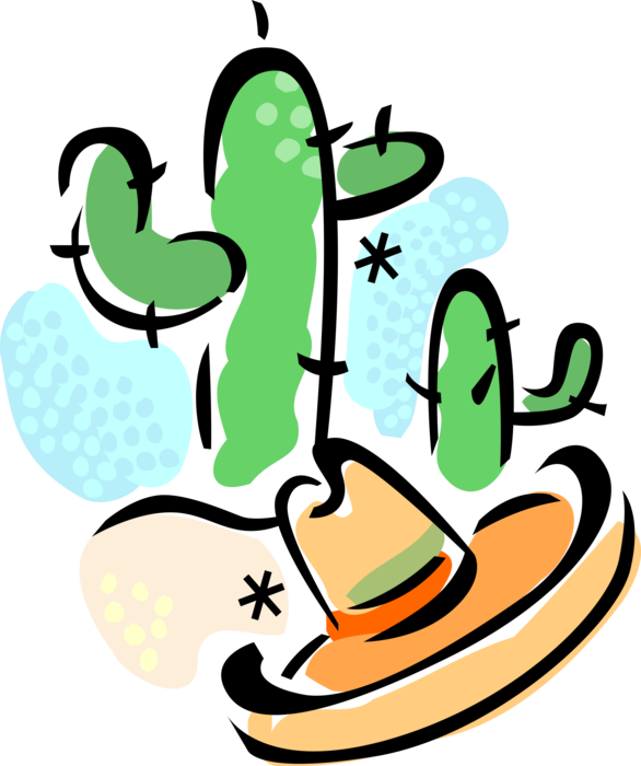 Vector Illustration of Desert Vegetation Succulent Cactus with Mexican Sombrero Hat