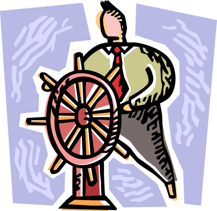 Vector Illustration of Businessman Mariner Captain Steers Ship's Helm Wheel or Boat's Wheel to Change Vessel's Course