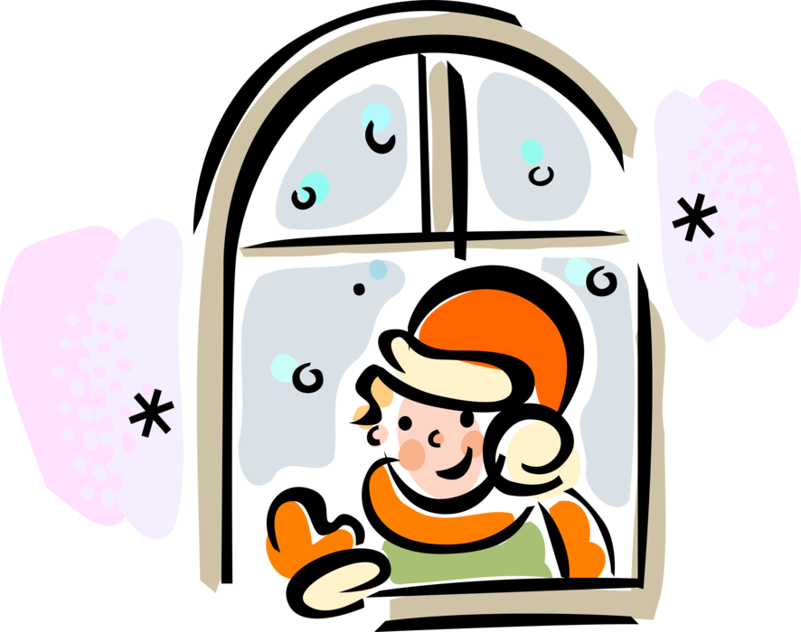 Vector Illustration of Anxious Child Waits by Window for Arrival of Christmas and Santa Claus