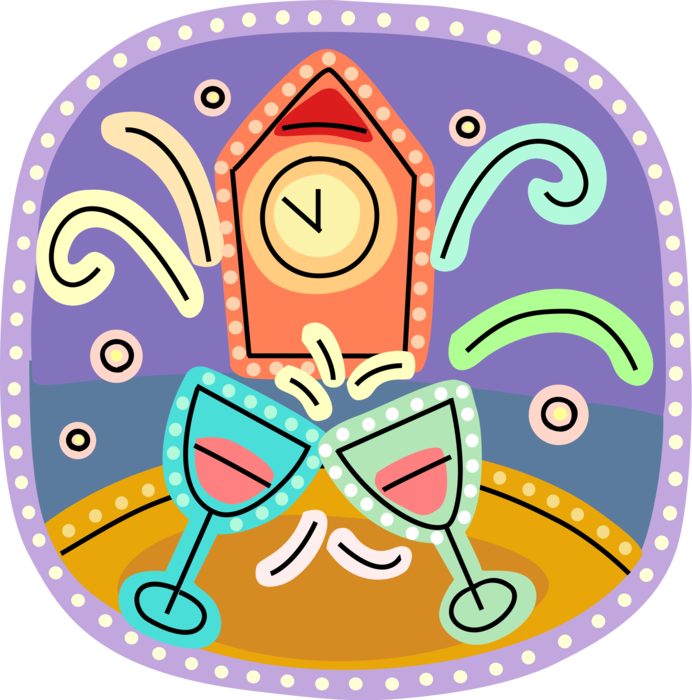 Vector Illustration of New Year's Eve Celebration with Clock Striking Midnight and Champagne Toast Glasses