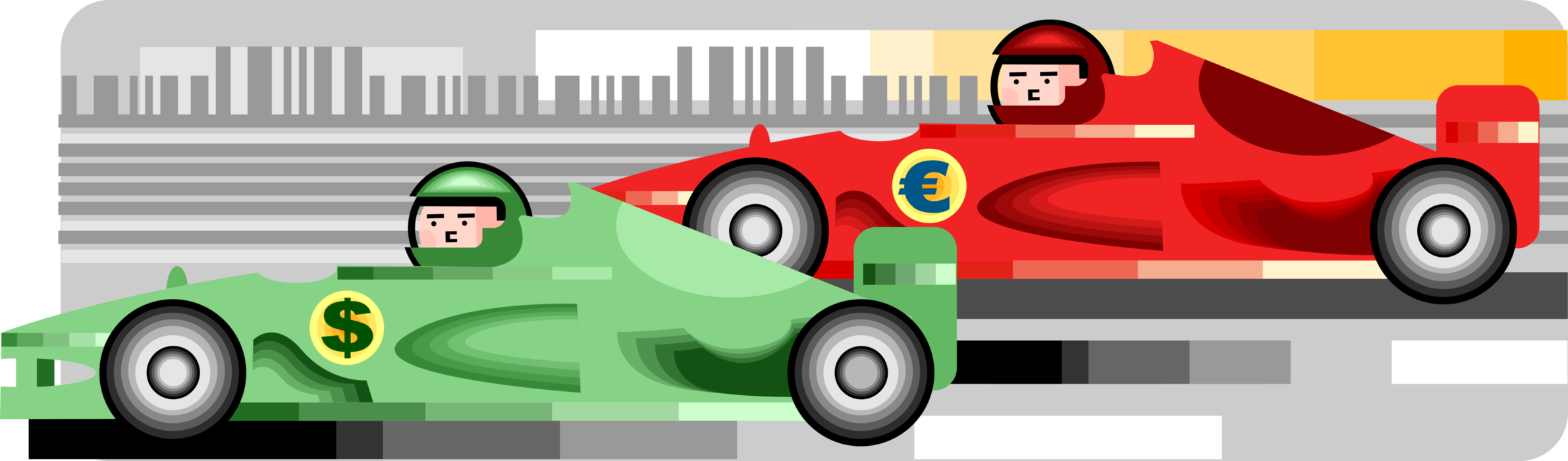Vector Illustration of Formula One Automobile Motor Racing Car Drivers Compete on Race Track in Euro and Dollar Competition