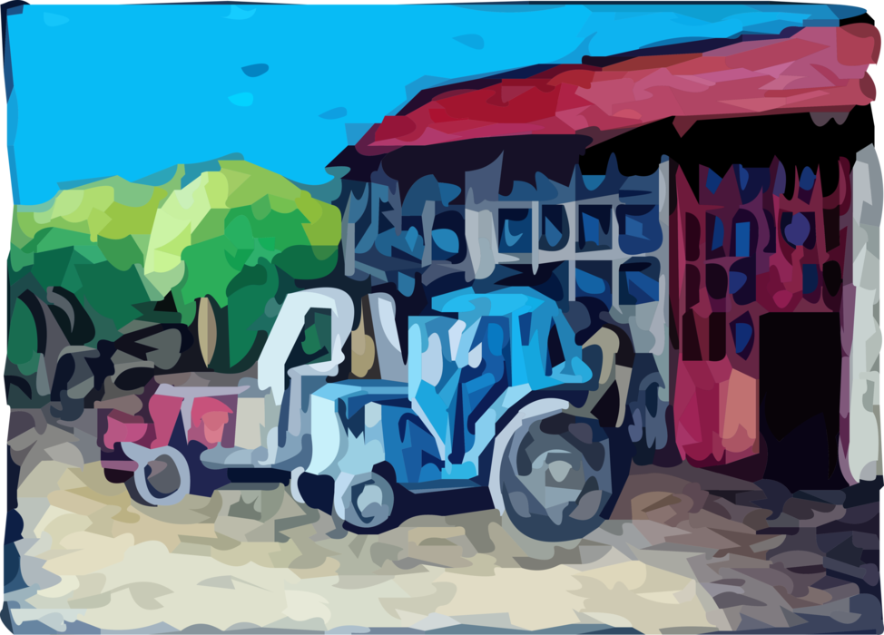 Vector Illustration of Farm Equipment Farming Tractors with Barn