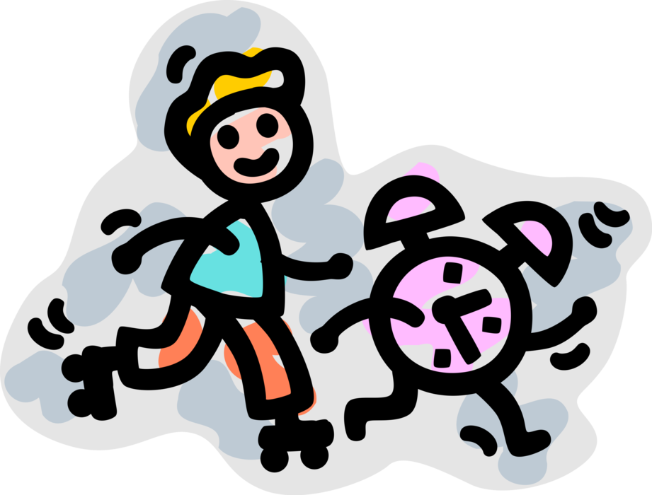 Vector Illustration of Rollerblader on Inline Skates Rollerblades with Alarm Clock Keeping Time