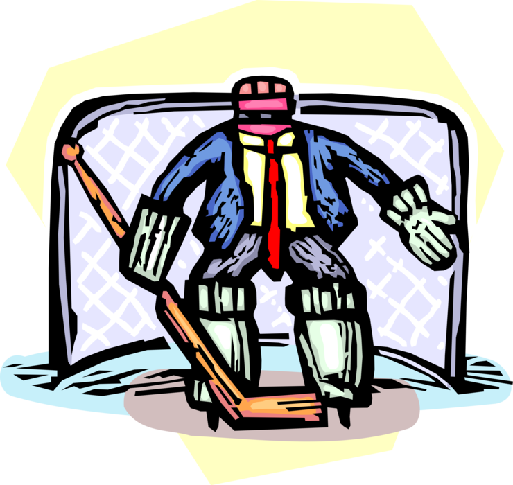 Vector Illustration of Businessman Ice Hockey Goalie with Hockey Stick Protects Goal Net