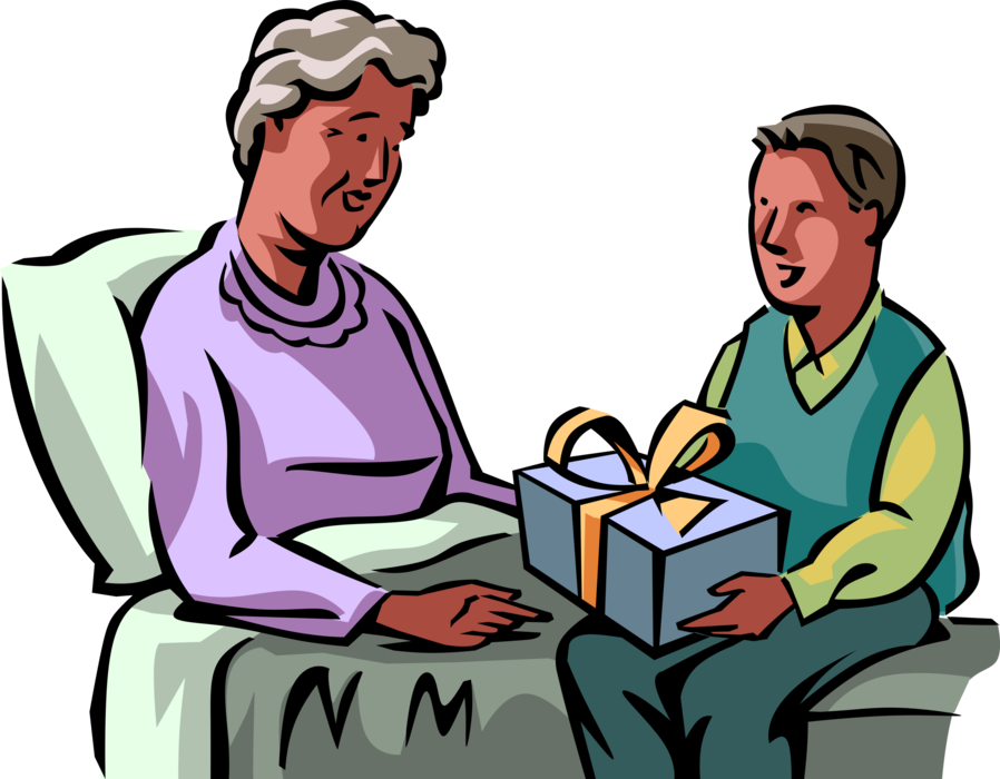 Vector Illustration of Bedridden and Hospitalized Elderly Senior Citizen Grandmother Receives Gift Present from Grandson