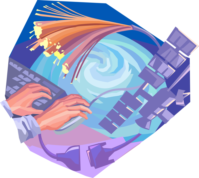 Vector Illustration of Bundle of Optical Fibers Transmit Light Signals in Fiber-Optic Telecommunications with Space Satellite