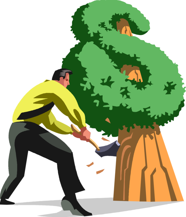 Vector Illustration of Businessman Chops Down Cash Dollar Money Tree with Axe