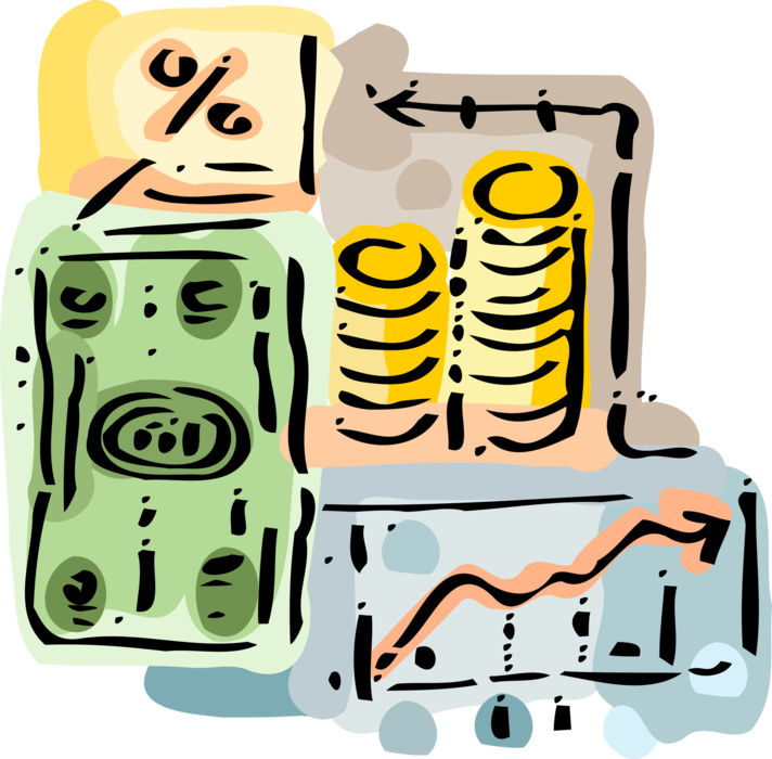 Vector Illustration of Wall Street Stock Market Financial Investment with Cash Money Dollar Bills, Coins, Growth Chart