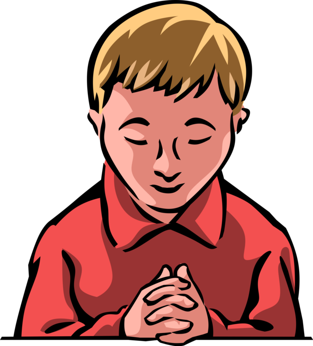 Vector Illustration of Religious Young Child Boy with Faith Prays with Hands Clasped in Prayer