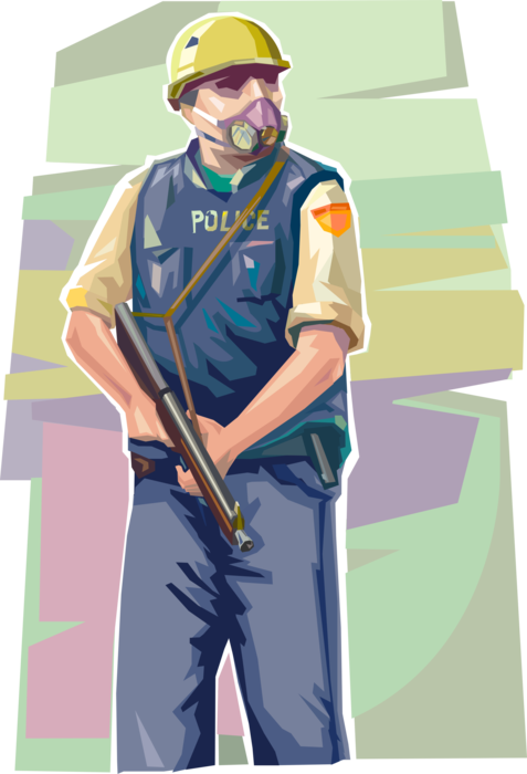 Vector Illustration of Heavily Armed Law Enforcement Police Officer Stands Guard with Gas Mask and Weapon