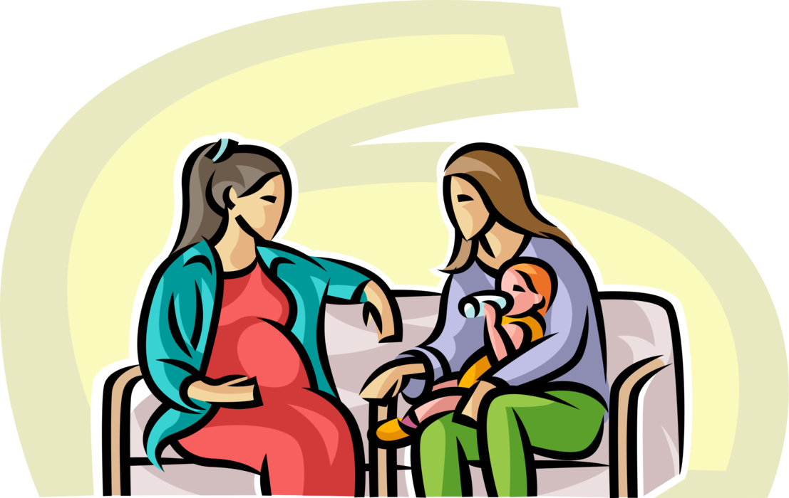 Vector Illustration of Pregnant Expectant Mother in Conversation with Experienced New Mother with Young Child