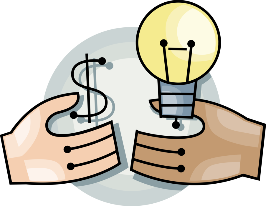 Vector Illustration of Hands Exchange Cash Money and Electric Light Bulb Symbol of Invention, Innovation, and Good Ideas