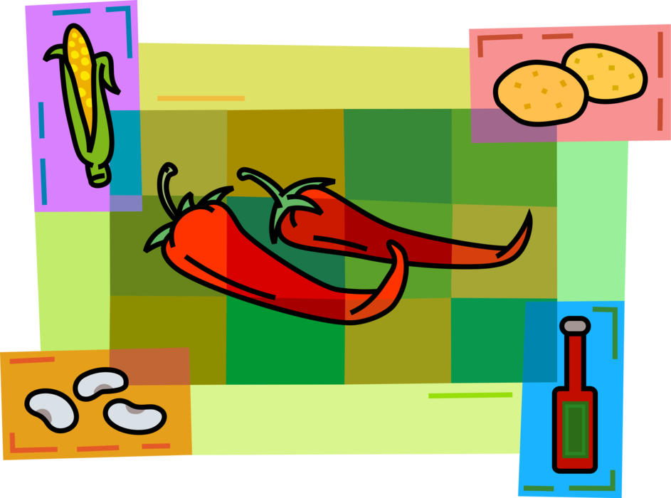 Vector Illustration of Hot Chili Peppers with Maize Corn Husk, Beans and Tabasco Hot Sauce