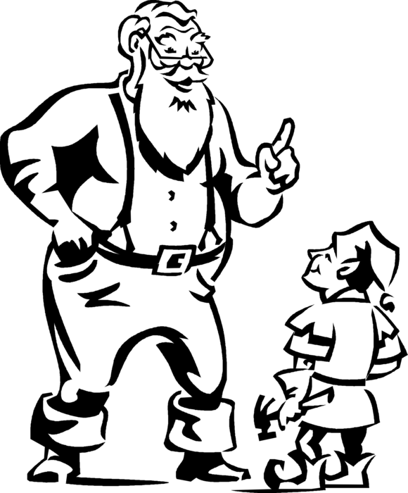 Vector Illustration of Santa Claus Gives Instructions to Elf Helper in Workshop