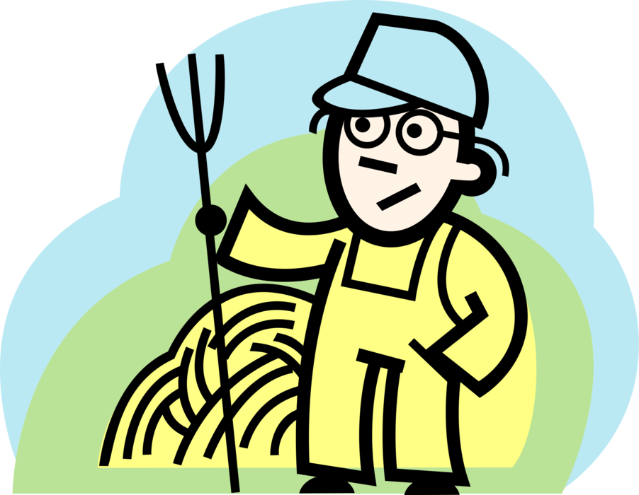 Vector Illustration of Farmer with Agriculture Pitchfork Harvests Hay Crop on Farm