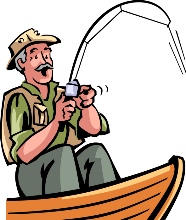 Vector Illustration of Retired Elderly Senior Citizen Fisherman Angler Catches Fish in Boat with Fishing Rod and Reel