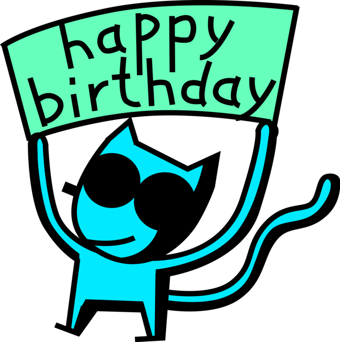 Vector Illustration of Happy Birthday Cool Cat Holds Birthday Banner